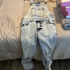 Forever 21 Light Blue Distressed Denim Overalls